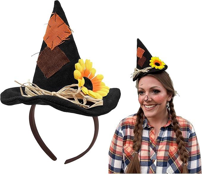Nicky Bigs Novelties Mini Scarecrow Hat For Women Black Faux Burlap Scarecrows Hat On Headband with Daisy Flower Halloween Costume Accessory for Adults