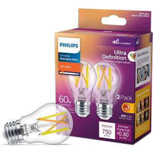 PHILIPS LED 60W A15 2-Pack Ultra Definition Soft White (2700K) 750 Lumen (6.6W = 60W) Dimmable Clear Flicker-Free Light Bulbs