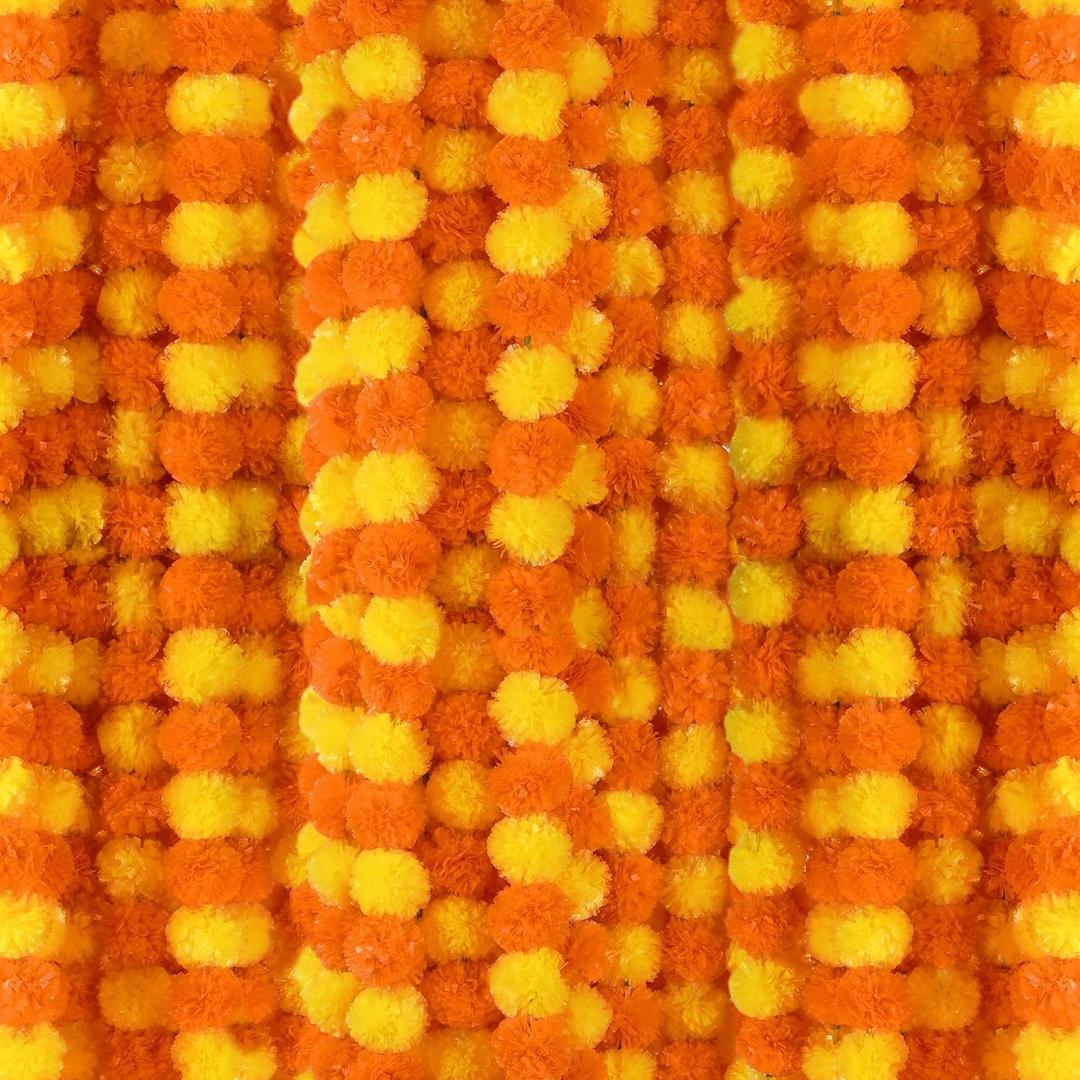 6 Pcs - 5 Feet Marigold Garland Indian American Wedding Party Mantle Decoration, Dia de Los Muertos Faux Garlands Diwali Decoration, Spring Bush Floral Orange, Yellow