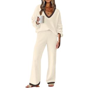 ETCYY NEW Womens 2 Piece Outfits Sweater Lounge Set Casual V Neck Knit Pajama Set Long Sleeve Top Wide Leg Pants Loungewear S