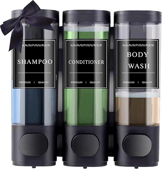Shower Soap Dispenser 3 Chamber No Drill, Wall Mounted Shampoo and Conditioner Dispenser for Shower, Wall Mount Shampoo Dispenser Set for Bathroom Hotel Kitchen RV, Black.