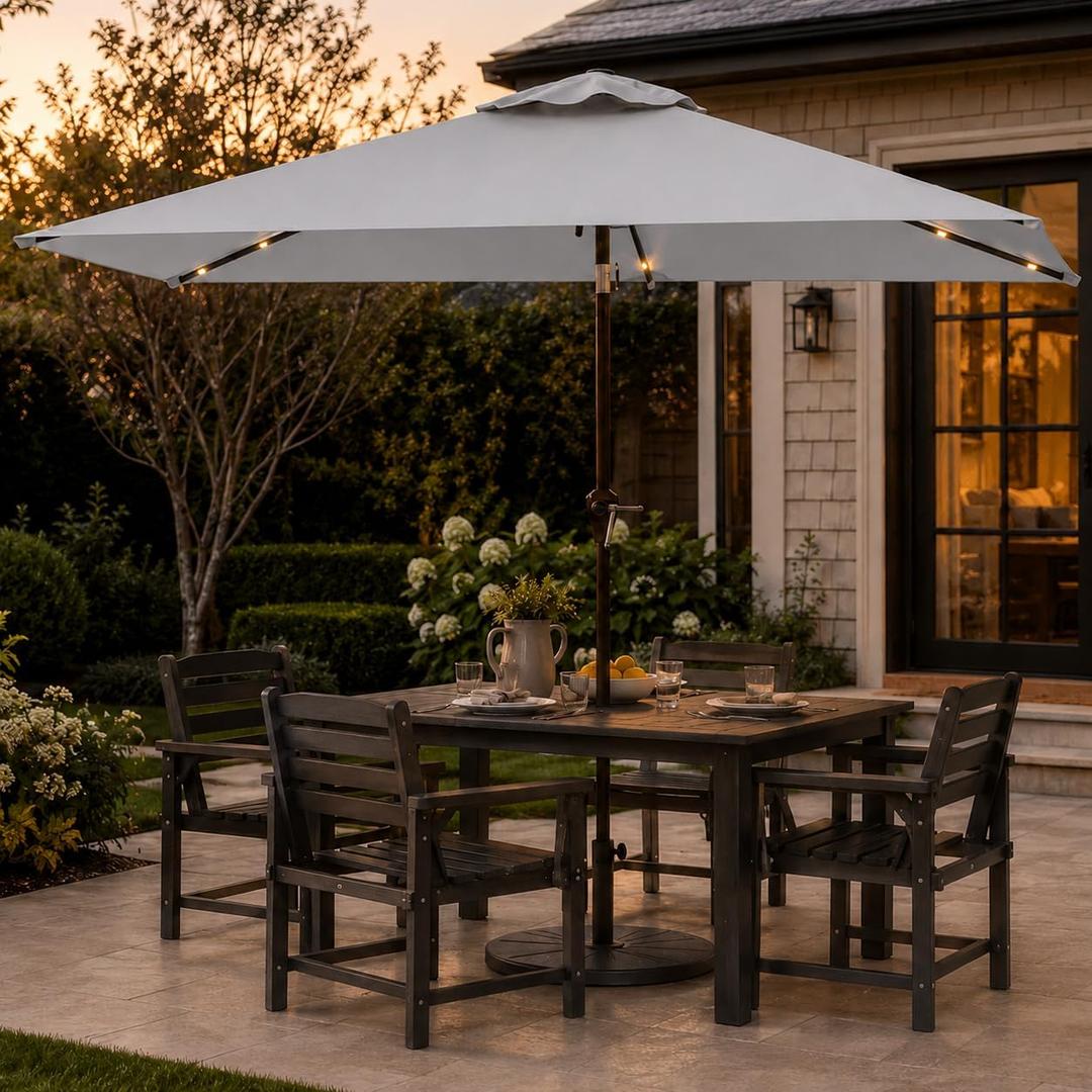 6.5 x 10ft Rectangular Patio Umbrella with Solar Lights, 16 LED Lighted Market Umbrella with Push-Button Tilt and Crank, 6 Sturdy Iron Ribs for Garden, Deck, Pool, Light Gray