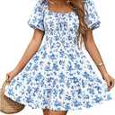 Floerns Women's Boho Square Neck Puff Short Sleeve Self Tie Front A Line Dress, S, Blue