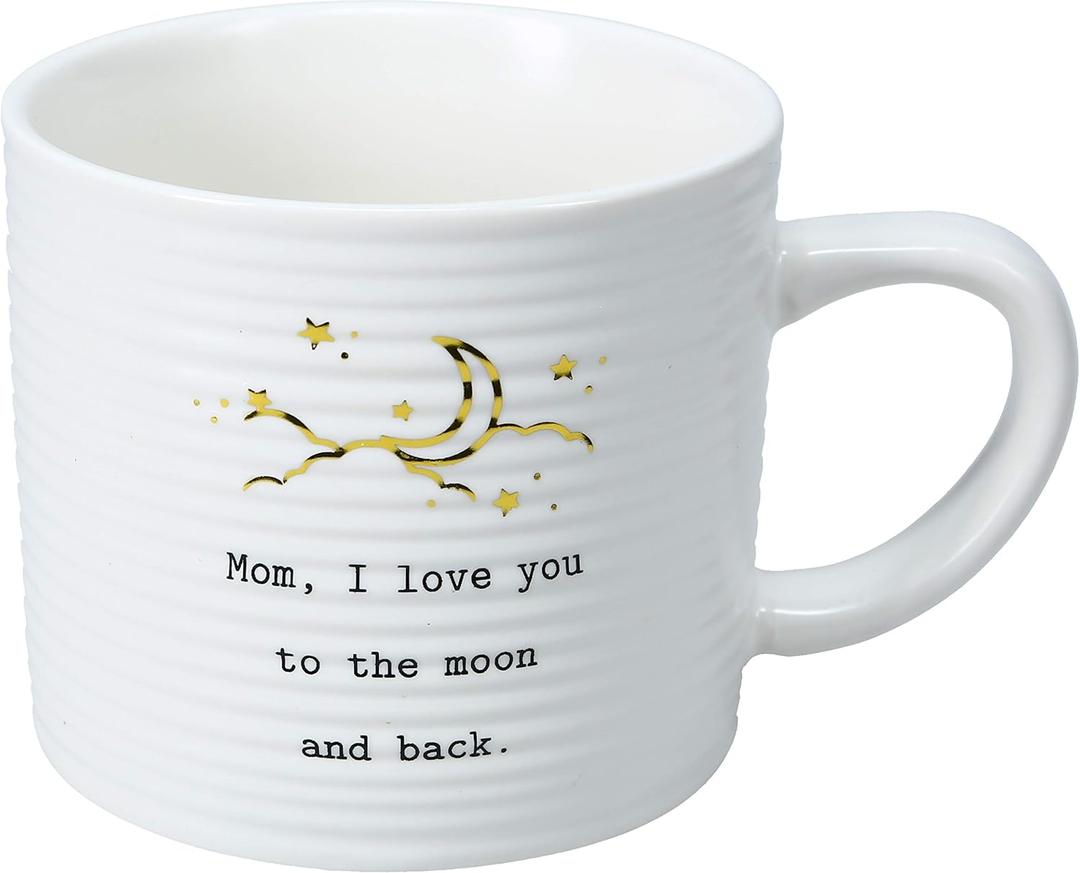 Mom I Love You To The Moon And Back - 10 oz White & Gold Ribbed Coffee Cup Mug