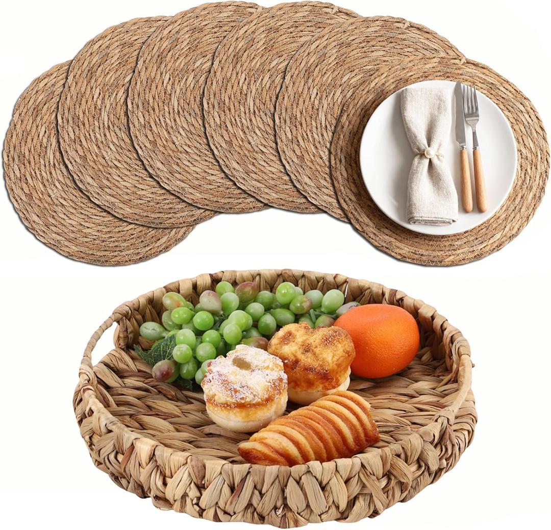 BSSN Woven Placemats Set of 6 with Water Hyacinth Storage Basket, Natural Woven Table Mats for Dining Table, Handmade Boho Wicker Place Mats, Heat-Resistant Round Farmhouse Table Decor (Cattail Khaki)