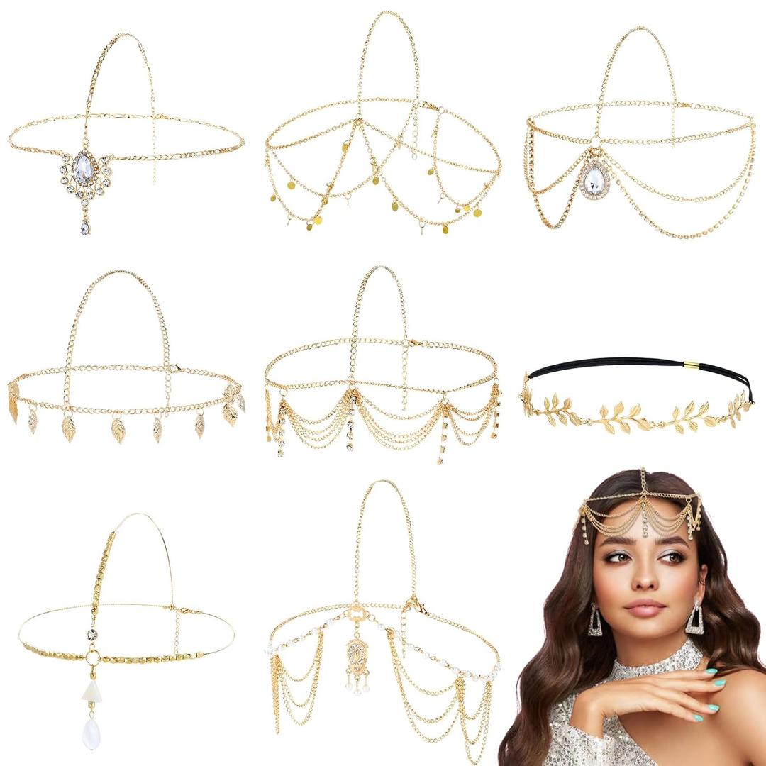 8 Pieces Gold Head Chains with Rhinestone Pearl Leaf Coin Festival Prom Wedding Bridal Jewelry Boho Headbands Tassel Forehead Chain Hair Bands Headwear Headpieces for Women Girls