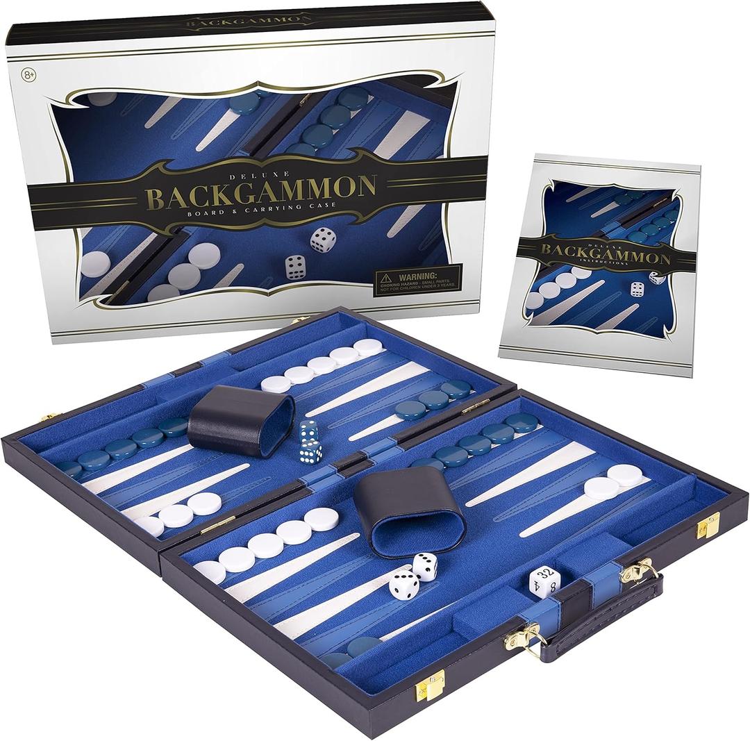 Premium Backgammon 15 Inches Medium Blue - Backgammon Sets for Adults and Kids - Leatherette Back Gammon Board Game Set - Travel Backgammon Set Board Encased with Accessories