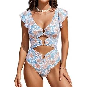 B2prity Women One Piece Swimsuit Tummy Control Ruffle Sleeve V Neck Bathing Suit Cutout Sexy High Waisted Monokini Orange Floral, XL