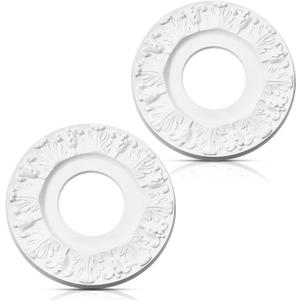 2 Pcs Ceiling Medallion Molded Vintage White Carved Flower PU Medallions for Light Fixtures and Ceiling Fans Decorative Victorian Floral Design