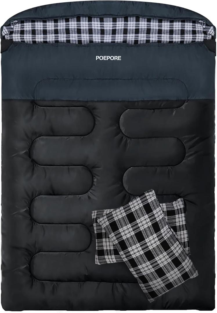 Double Sleeping Bag Flannel for Adults with 2 Pillows 2 Person Sleeping Bags Camping XXL Queen Size Two Person Sleeping Bag for Cold Weather (DARKGREY)