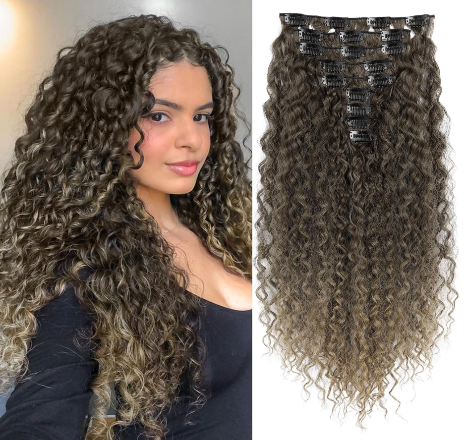 Hair Extension, LONAI 9PCS Clip in Hair Extensions, LN002 22" Long Curly Thick Heat Resistant Synthetic Soft Deep Wave Hairpieces for Women-Ombre Brown