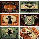 Meanplan Set of 6 Vintage Halloween Dish Drying Mats for Kitchen 24"x 16" Spooky Pumpkin Kitchen Accessories Bat Rectangle Table Mats Washable Absorbent Drainer Draining Pad for Halloween Home Decor