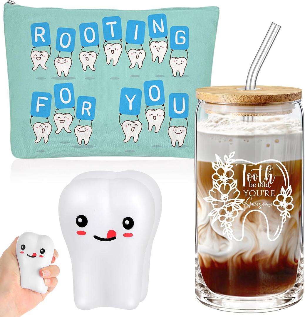 Sliner 3 Pcs Dental Hygiene Gifts Dental Assistant Gifts 16 oz Glass Cup Makeup Bag Teeth Stress Toy for Women Nurse Assistant Retirement Graduation Birthday Christmas Dentist Accessories(Multicolor)
