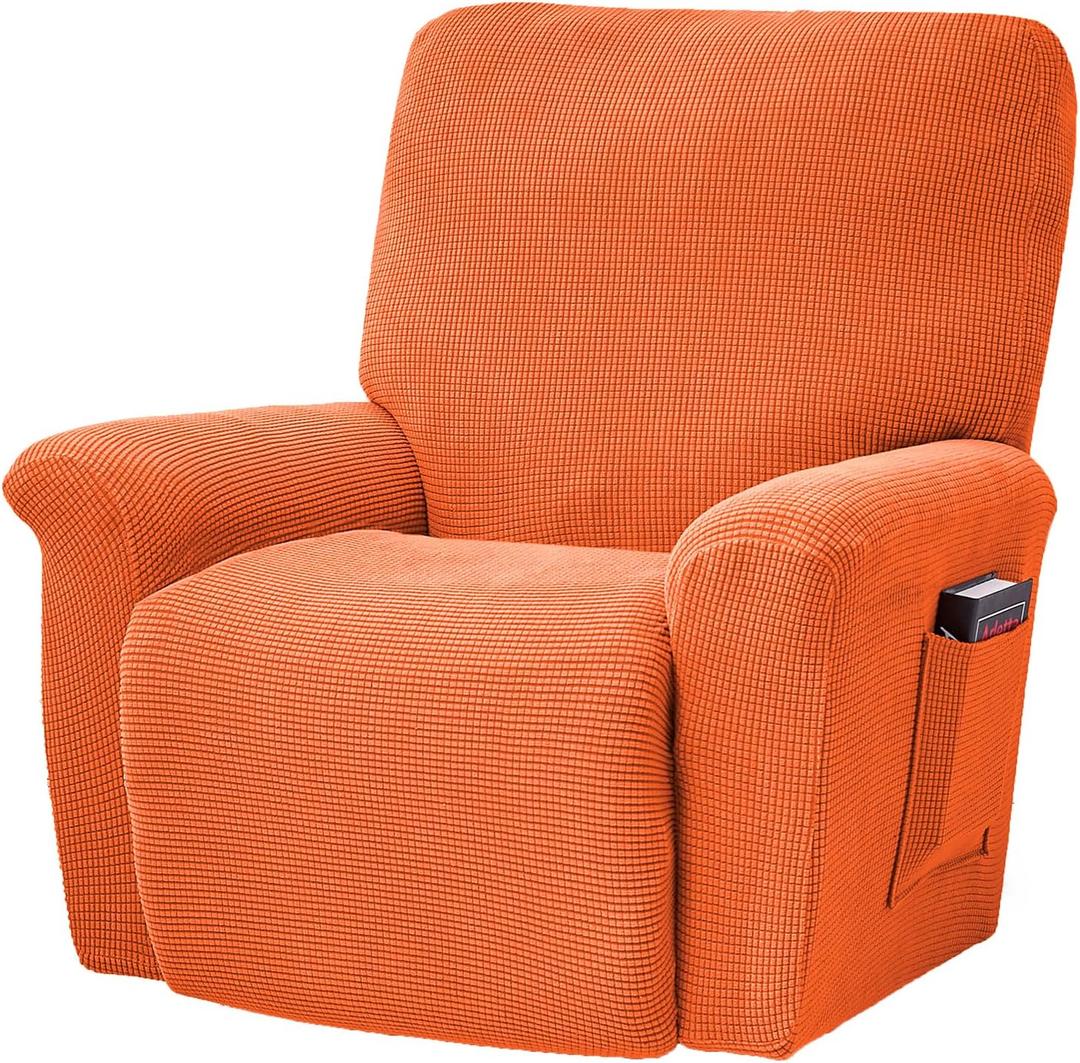 CONRUSER Stretch Recliner Chair Covers, 4-Piece Soft Sofa Cover Thick Single Seat Couch Cover Jacquard Recliner Slipcover with Pocket (Orange)
