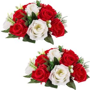 NUPTIO Flower Centerpieces for Wedding Tables: Red & White Artificial Flower Ball Arrangement for Christmas Thanksgiving Party - 2 Pcs Fake Floral Rose for Bridal Shower Decor
