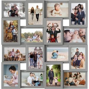 J.M.Deco Collage Picture Frames for Wall 16 Opening, Large Photo Frame Collage Wall Hanging for 4x6 Photo, Reunion Friends Family Memory, Christmas Gift - Grey