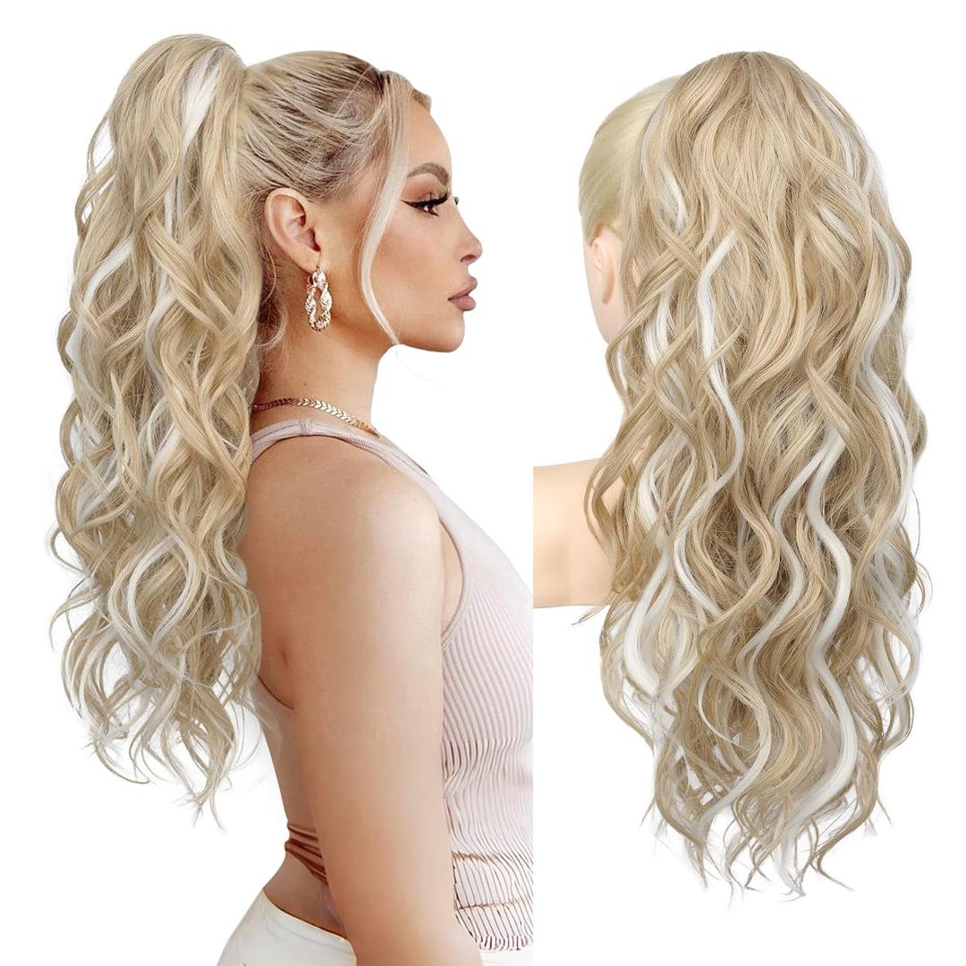 REECHO 24" Ponytail Extension Long Curly Claw Clip Ponytail Extension Jaw Clip in Pony Tails Natural Synthetic Hairpiece for Women Daily, Medium Blonde with Highlights