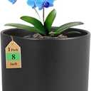 8 Inch Cylinder Plant Pots for Indoor Outdoor Plants, Medium Deep Flower Pots with Drainage Holes & Saucer, Decorative Plastic Planter Pots for Garden House Plants, Black with Brown