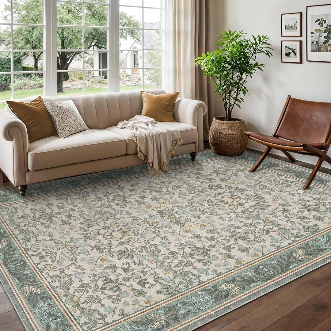 GarveeHome 8x10 Area Rugs Washable Rug for Living Room, Boho Vintage Large Area Rug for Bedroom Soft Non Slip Low Pile Indoor Stain Resistance Throw Carpet for Dining Room Office Sage Green
