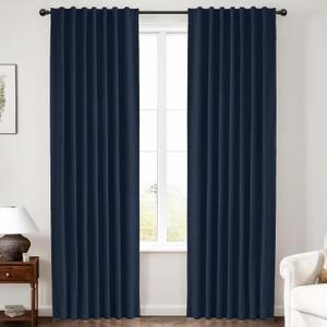 INOVADAY 100% Blackout Curtains 84 Inches Length 2 Panels Set, Back Tab/Rod Pocket Linen Black Out Curtains for Bedroom, Thermal Insulated Window Drapes - Midnight Blue, W50 X L84