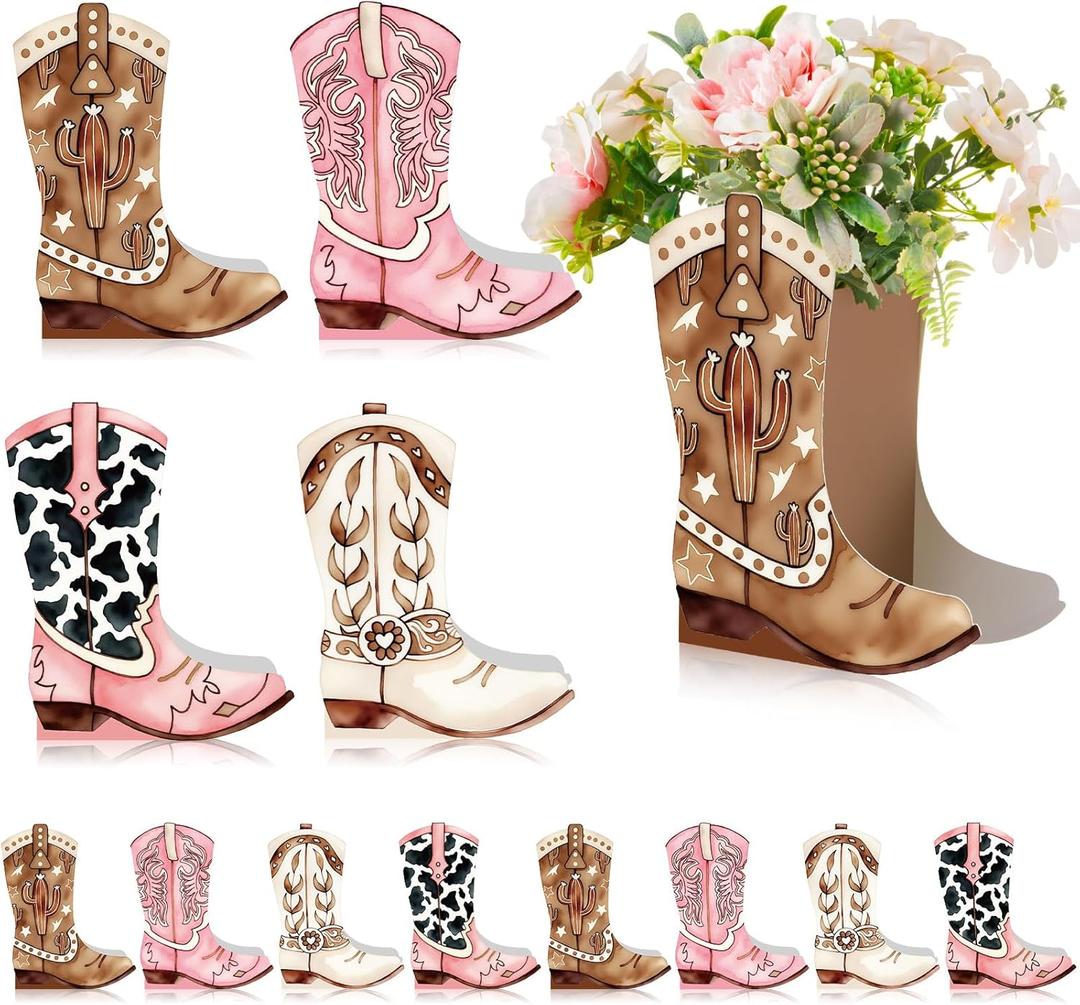 12 Set Western Boots Flower Boxes Centerpiece Boot Shape Gift Boxes Party Decoration Vase Centerpieces for Tables Boots Rodeo Birthday Baby Shower Supplies(Western Pink,Cowgirl Cow)