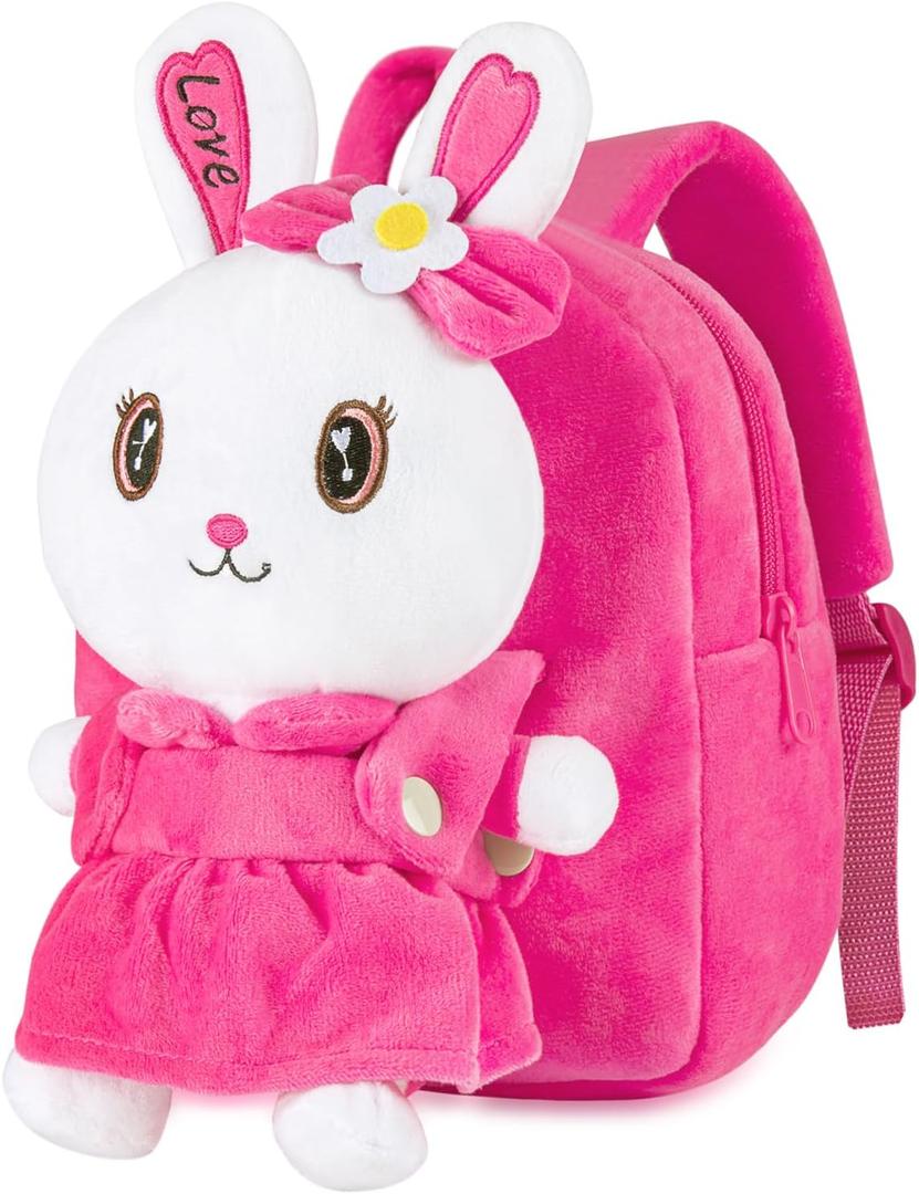 HONGTEYA Toddler Plush Backpack with Stuffed Bunny Toy - Mini Backpack for Girls, Ages 1-4 - Perfect for Birthdays & Easter Gifts
