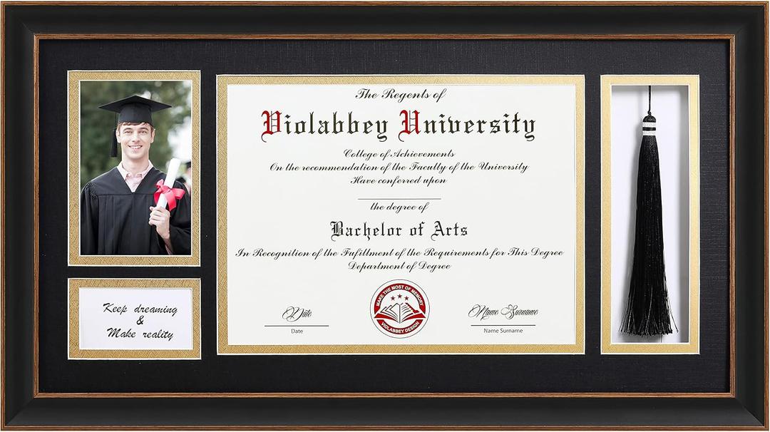 VIOLABBEY Black Diploma Frame with Tassel Holder for 8.5x11 Certificates Document and 4x6 Graduation Pictures, College Degree Frame for Wall Mounted (Black Gold Double Mat)