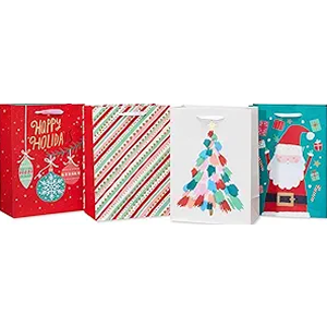 American Greetings 10" Medium Christmas Gift Bags, Santa, Ornaments, Stripes (4 Bags)