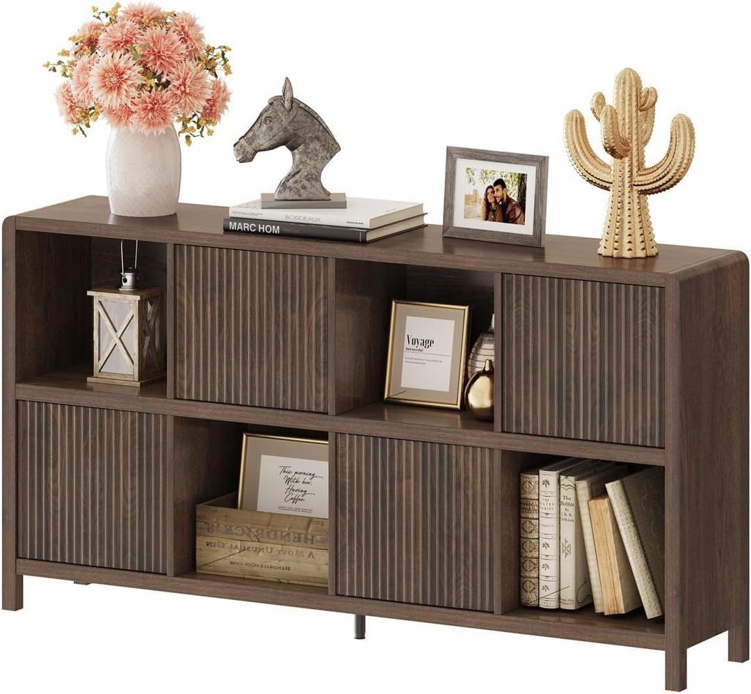 FATORRI 8 Cube Storage Organizer Bookshelf with Storage, Horizontal Bookcase with 4 Doors, Long Wooden Book Shelf for Living Room, Home Office (Dark Walnut)