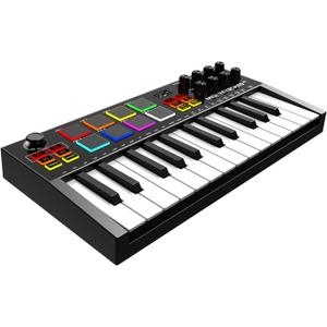 MIDI Keyboard Controller, 25 Key Rechargeable MIDI Keyboard with 8 Backlit Drum Pads, 8 Knobs, OLED Display, DAW Integration, MIDI Controller for Music Production