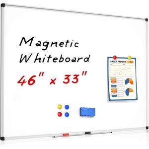 Magnetic Dry Erase White Board - 46 x 33 Inch Whiteboard for Wall - 4 x 3 Large Wall-Mounted Board with Silver Aluminum Frame, 1 Magnetic Eraser, 2 Pens, 1 Detachable Marker Tray, 6 Magnets