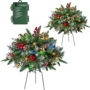 Set of 2 Pre-lit Artificial Christmas Trees with 60 Multi-Color LED Lights, Golden & Red Berries, Cones, Battery Operated Lighted Front Porch Urn Filler Outdoor Christmas Decorations