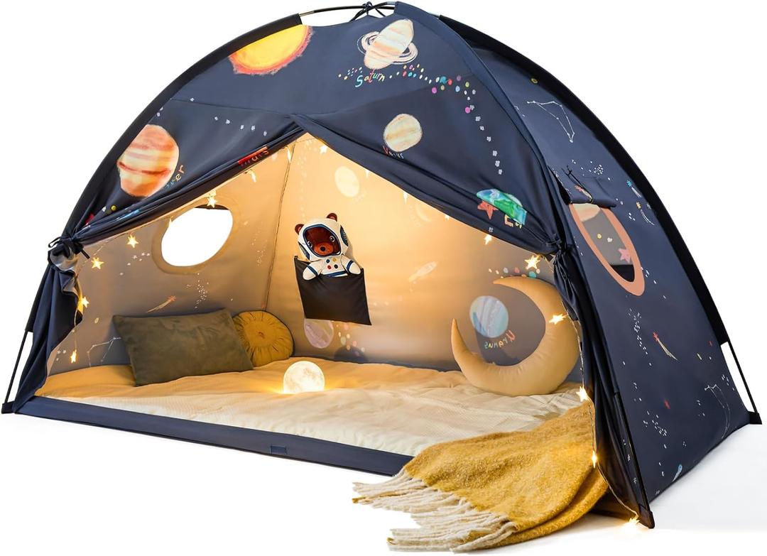 Tiny Land Space Galaxy Bed Tent for Kids Sleep Bed Canopy with 9 Planets Design, Easy-to-Install Indoor Kids Play Tent, Imaginative Playhouse, Ideal Gift for Boys & Girls 77" x 40" x 46"