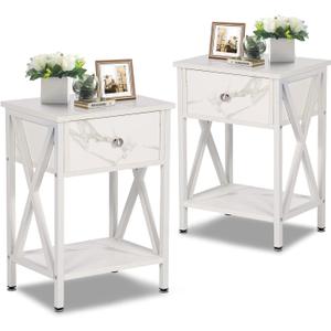 VECELO Night Stands for Bedroom Rustic Nightstand Bedside End Tables with Drawer Storage, (Set of 2), Pearl White