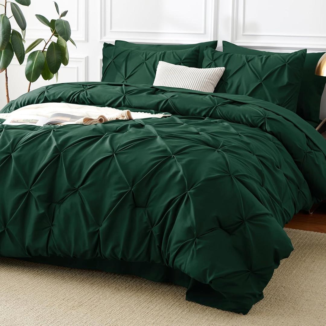 CozyLux King Size Comforter Set Emerald Green, 7 Pieces Pintuck Bed in A Bag Green Comforter King Size, Pinch Pleat Bedding Set with All Season Comforter, Sheets, Pillowcases & Shams, Emerald, King