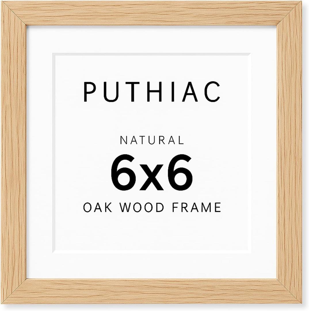 puthiac 6x6 Solid Oak Wood Picture Frame, Fits 4x4 with Mat or 6x6 Without Mat, Wall or Tabletop Display with Stand, Plexi Front, 1 Pack, Natural Oak