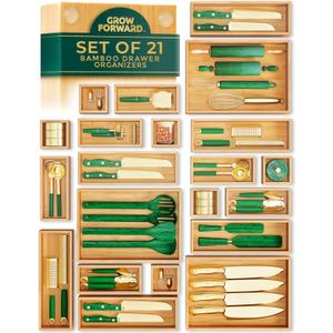 Grow Forward Bamboo Drawer Organizer Boxes - Set of 21 Wooden Drawer Organizers for Kitchen, Bathroom, Office, Desk, Vanity, Makeup - Non-Slip Junk Drawer Organizer Trays for Storage and Organization
