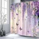 Purple Floral Butterfly Shower Curtain Rustic Weeping Wisteria Blossom Watercolor Lavender Flower Green Leaves Spring Garden Nature Scenery Bathroom Decor Polyester Curtains with Hooks,70Wx70L