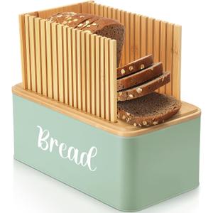 Bread Box with Bread Slicer Storage Container for Kitchen Countertop Food Storage with Multifunction Bamboo Lid, 3 in 1 Breadbox Removable Cut Board for Loaf Slicing(Green,Wood,Metal,Bamboo)