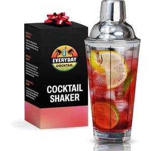 EVERYDAY COCKTAIL - Professional Glass Cocktail Shaker 14 oz, Martini Shaker with Recipes and Measurements, Built-in Strainer and Leakproof Seal, Clear Bar Tool for Margaritas, Martinis