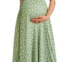 OUGES Maternity Maxi Dress V Neck Baby Wrap Summer Shower Pregnancy Dresses for Photoshoot 2025 (XX-Large, Green Floral)