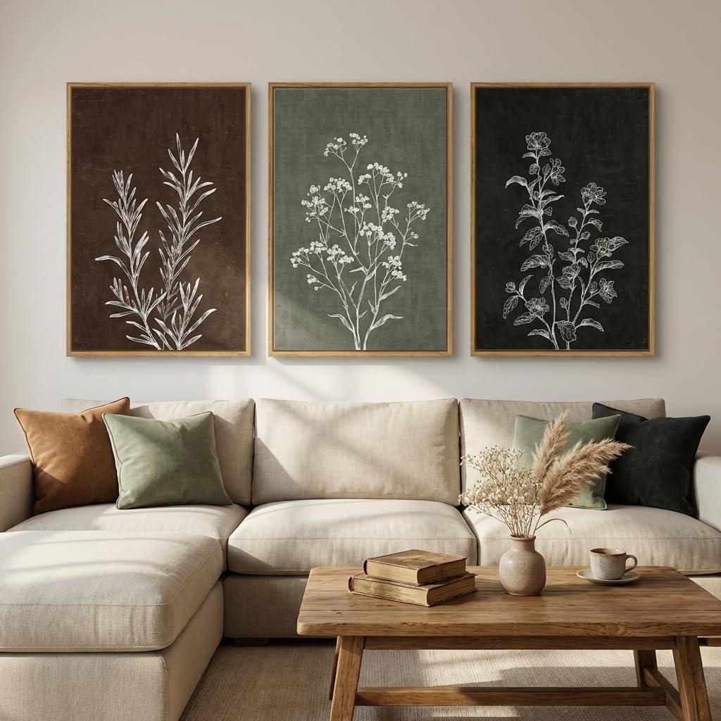 Framed Boho Botanical Wall Art for Living Room, 3 Piece Rustic Floral Canvas Painting Prints, Vintage Farmhouse Minimalist Neutral Artwork For Bedroom Hallway Dining Room Wall Decor, 24 x 36 Inch