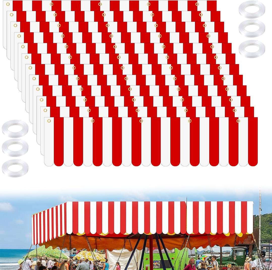 12 Pcs Carnival Tent, 78.7 x 9.8 Inch Circus Carnival Hanging Decorations Red and White Stripes Awning Decorations Tent with Ropes Playground Decoration for Circus, School, Birthday, Party