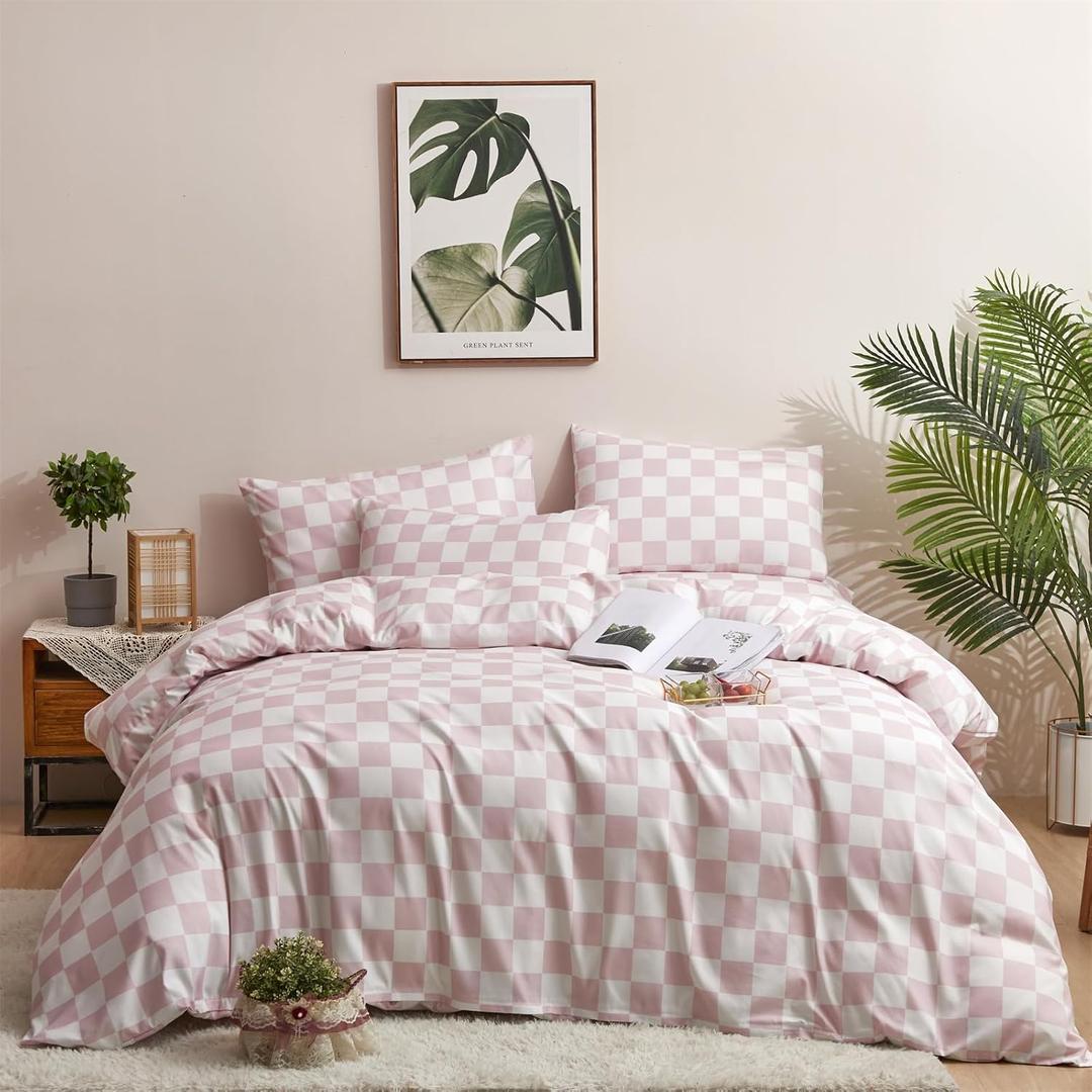 Pureant Pumpkin White Plaid Comforter Set Full Pink and White Checkered Bedding Comforter Soft Women Girls Brown Checkerboard Grid Quilts Full Size Boho Pumpkin Buffalo Plaid Comforter Geomertic