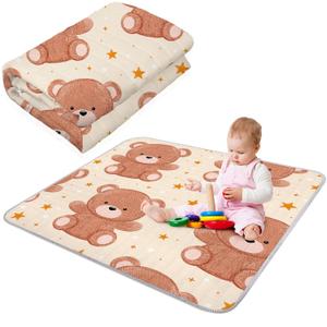 Funtery 43 x 43 Inch Boho Baby Play Mat Portable Crawling Washable Foldable Tummy Time Non Slip Baby Floor Large Playpen Mat for Infants Toddlers Floor Playpen Activity(Bear)