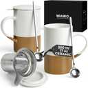 MIAMIO - Tea Cup Set 2 x 500 ml with Infuser and Lid/Ceramic Tea Mug with Infuser and Spoon for Steeping Loose Leaf Tea, Gifts for Tea Lovers - Microwave & Dishwasher Safe (Brown)