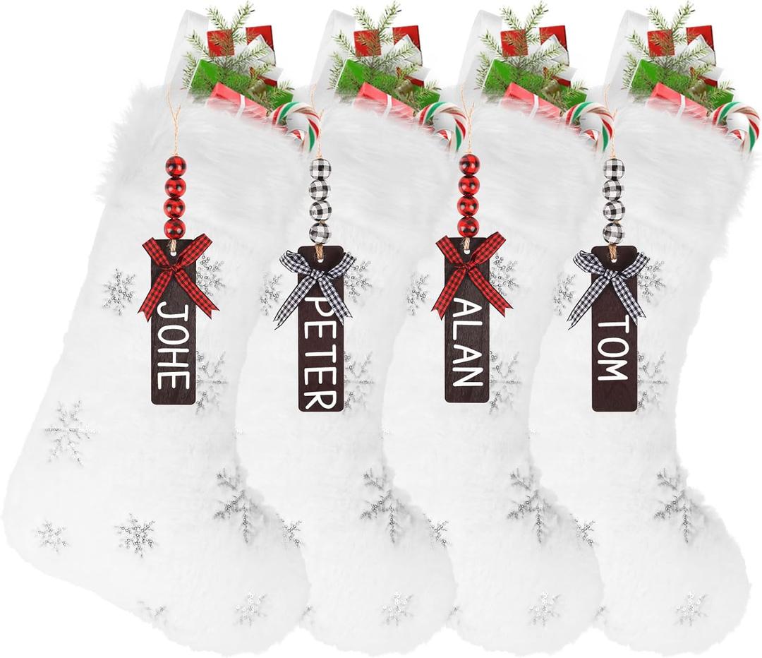CCINEE 4PCS White Christmas Stockings with Wooden Name Tags,18 Inch Large Plush Personalized Xmas Stocking Glitter Snowflake Hanging Stocking for Christmas Tree Wall Fireplace Home Decoration