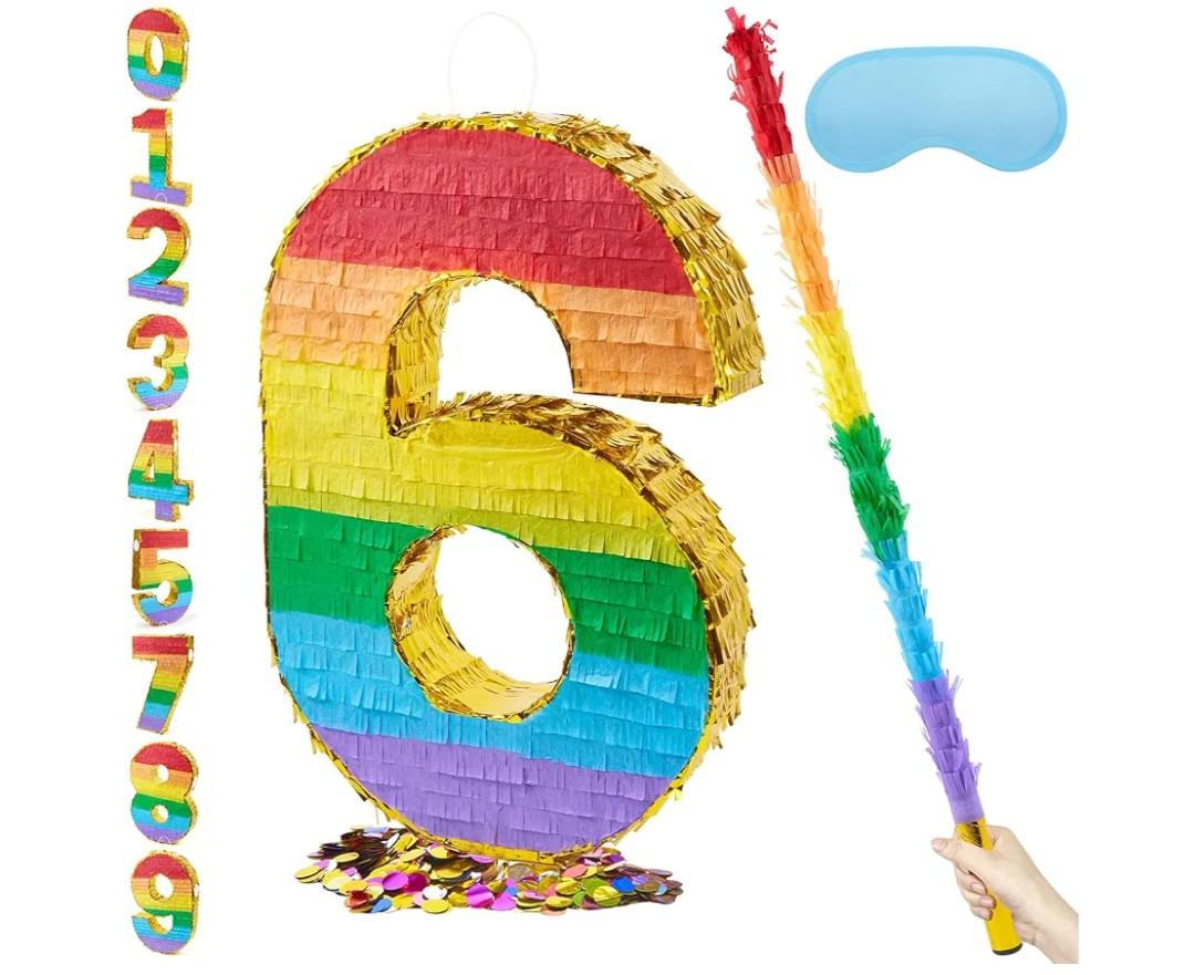 PCFING 20 Inch Number 6 Piñata Rainbow with 30 Inch Piñata Stick Blindfold Confetti for Boys Girls Adults Birthday Party Decorations, Anniversary Celebration, Fiesta