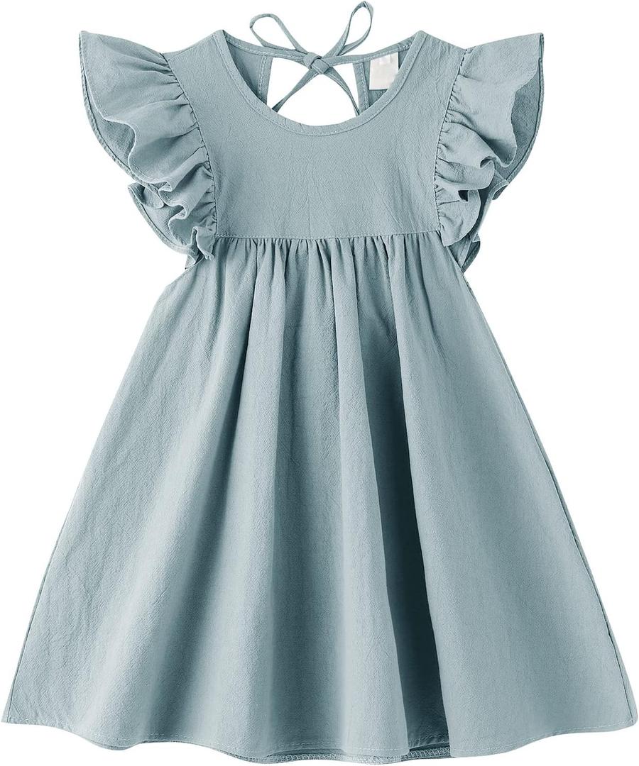 Toddler Baby Girl Dress Cotton Linen Ruffle Halter Sleeveless Dresses Kids Summer Sundress (2T, Grey Blue)