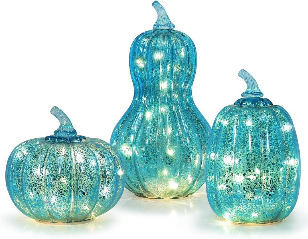 NEEDOMO Fall Decorations for Home, Set of 3 Blue Mercury Glass Pumpkin with Timer for Fall Thanksgiving Decor, LED Lighted Collectible Figurines Centerpiece for Tables Indoor Mantel Windows